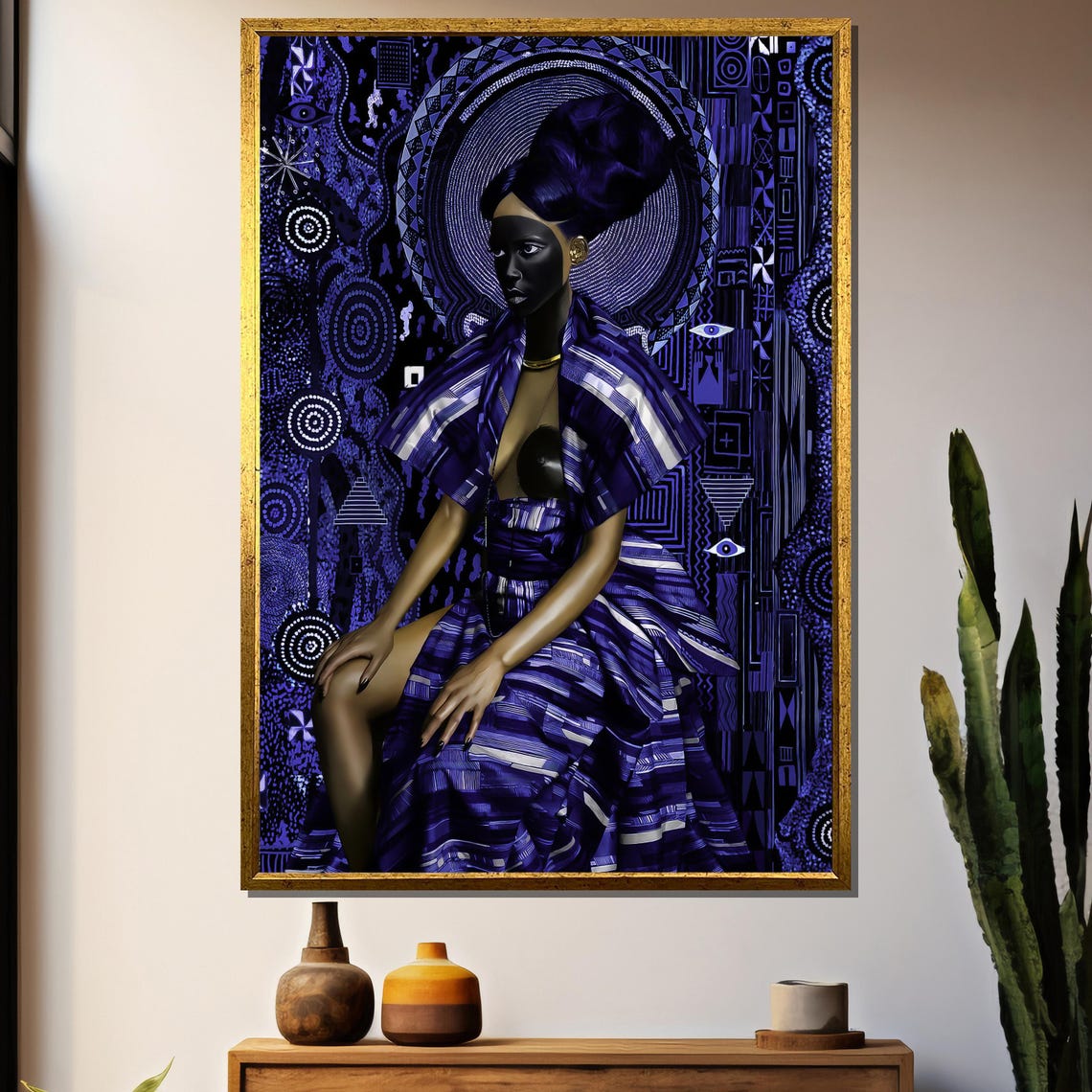 African Queen In Blue Robes With Tribal Pattern Backdrop Poster
