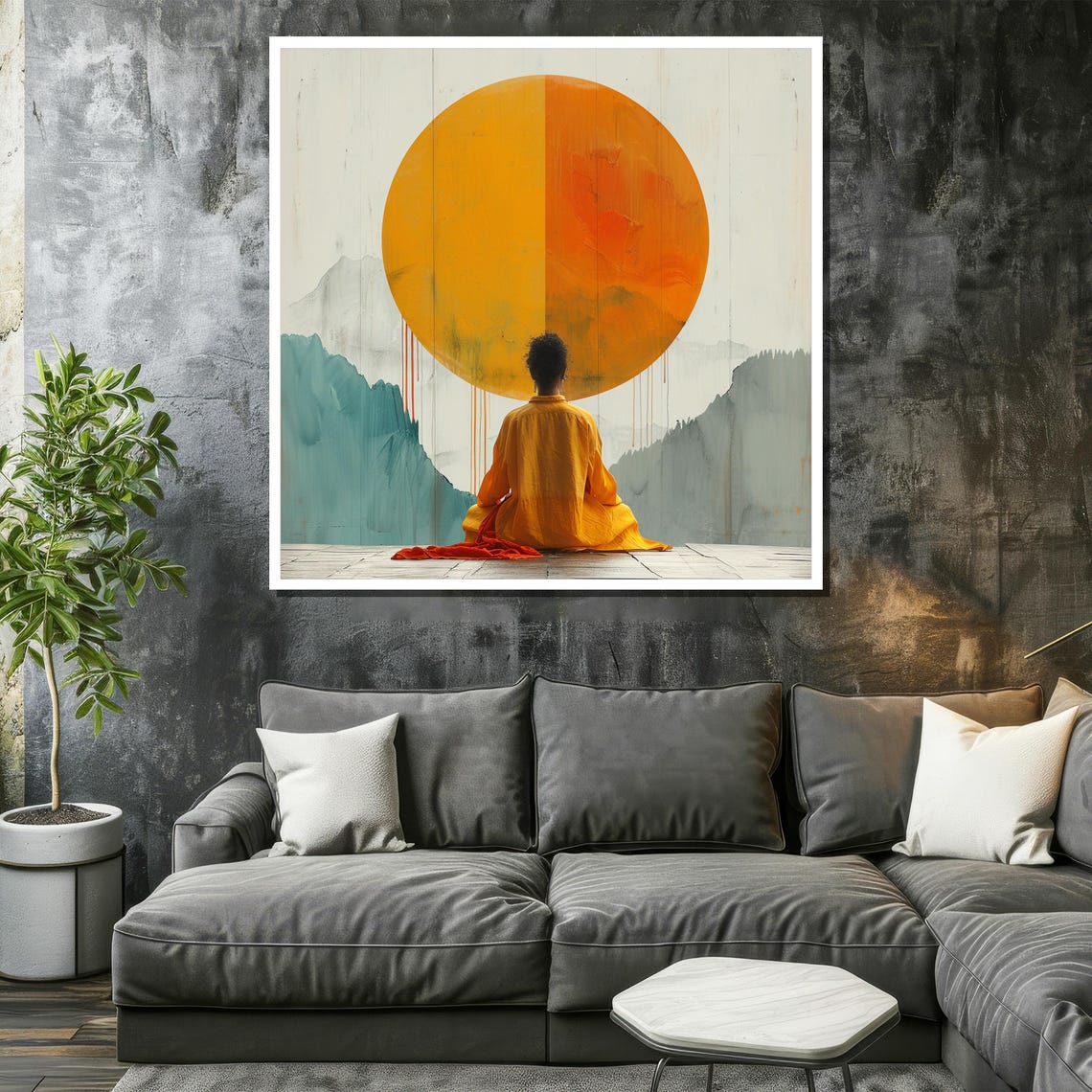 Meditating Figure Before Giant Orange Sun Over Teal Mountains Poster - Image 2