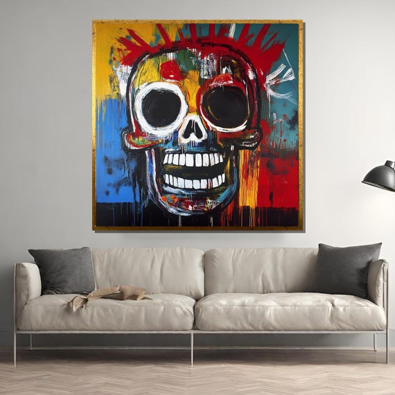 Basquiat Skull Painting Abstract Expressionist Graffiti Art Vibrant Urban Street Wall Decor Bold Contemporary Print