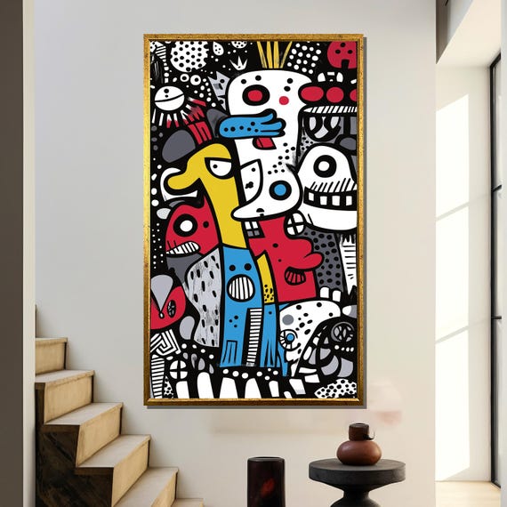 Surreal Abstract Painting Whimsical Pop Art Wall Decor Colorful Graffiti Street Art Bold Geometric Illustration Modern Home Gift