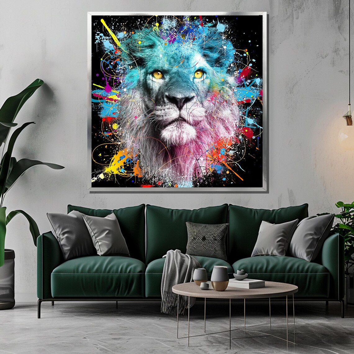 Vibrant Color Splash Lion Portrait on Black Street Art Poster - Image 3