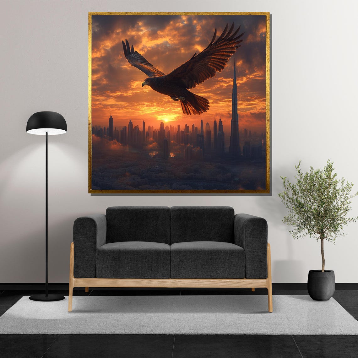 Eagle Soaring Over Dubai Skyline at Fiery Sunset Clouds Poster - Image 5