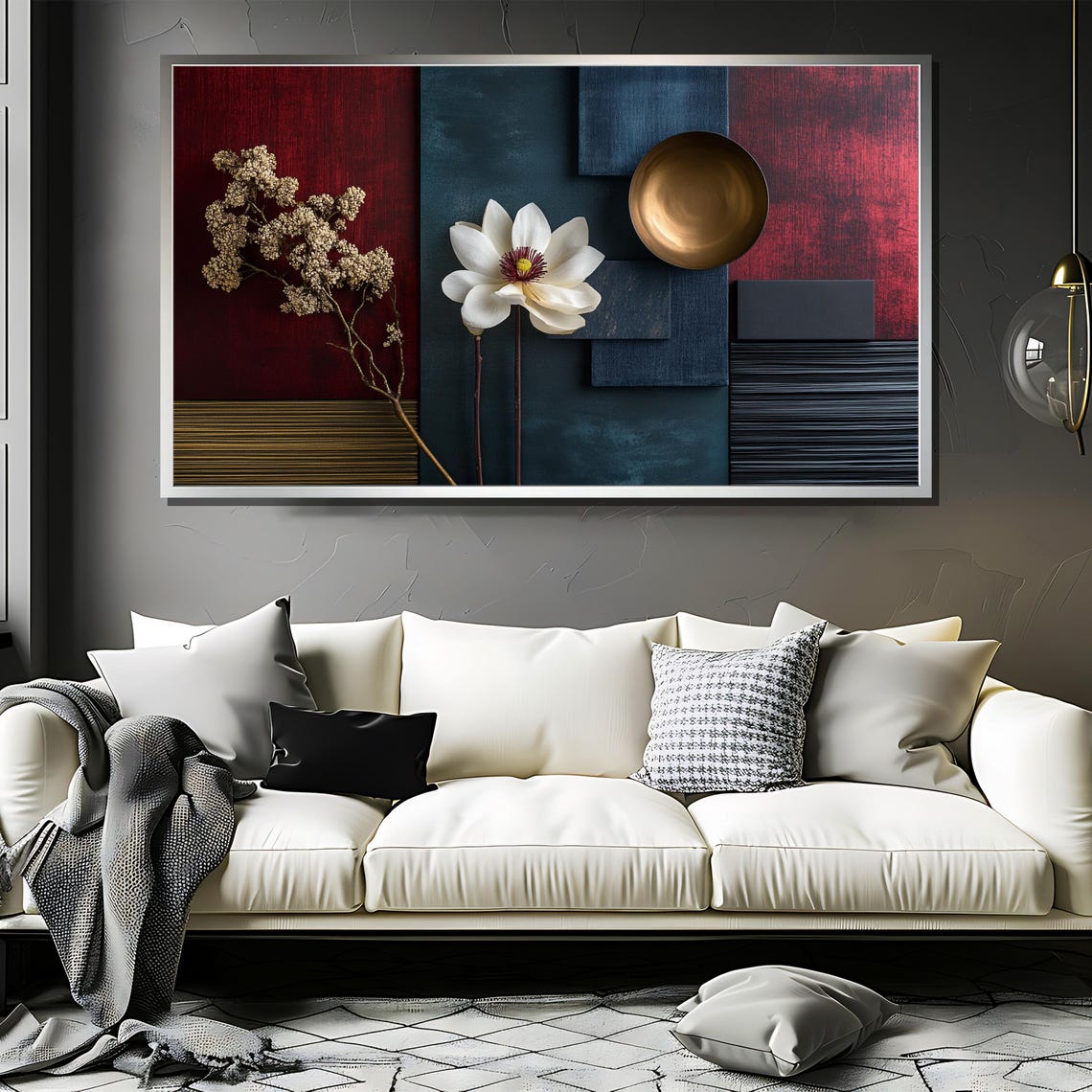 Dark Red and Navy Geometric Panels with White Magnolia Poster - Image 3