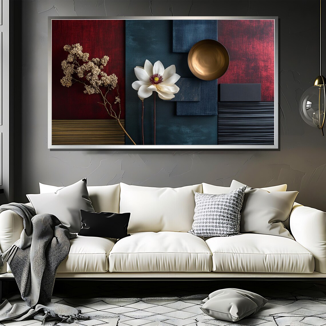 Luxury Mood Board Painting Elegant Dark Red And Blue Wall Art Gold Accents Modern Interior Decor Sophisticated Abstract Artwork - Image 3
