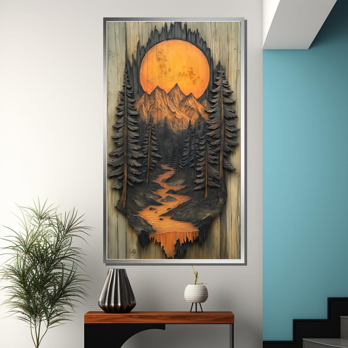 Sunset Carved Wooden Painting Mountain Stream Art Gift For Rustic Nature Decor - Image 3