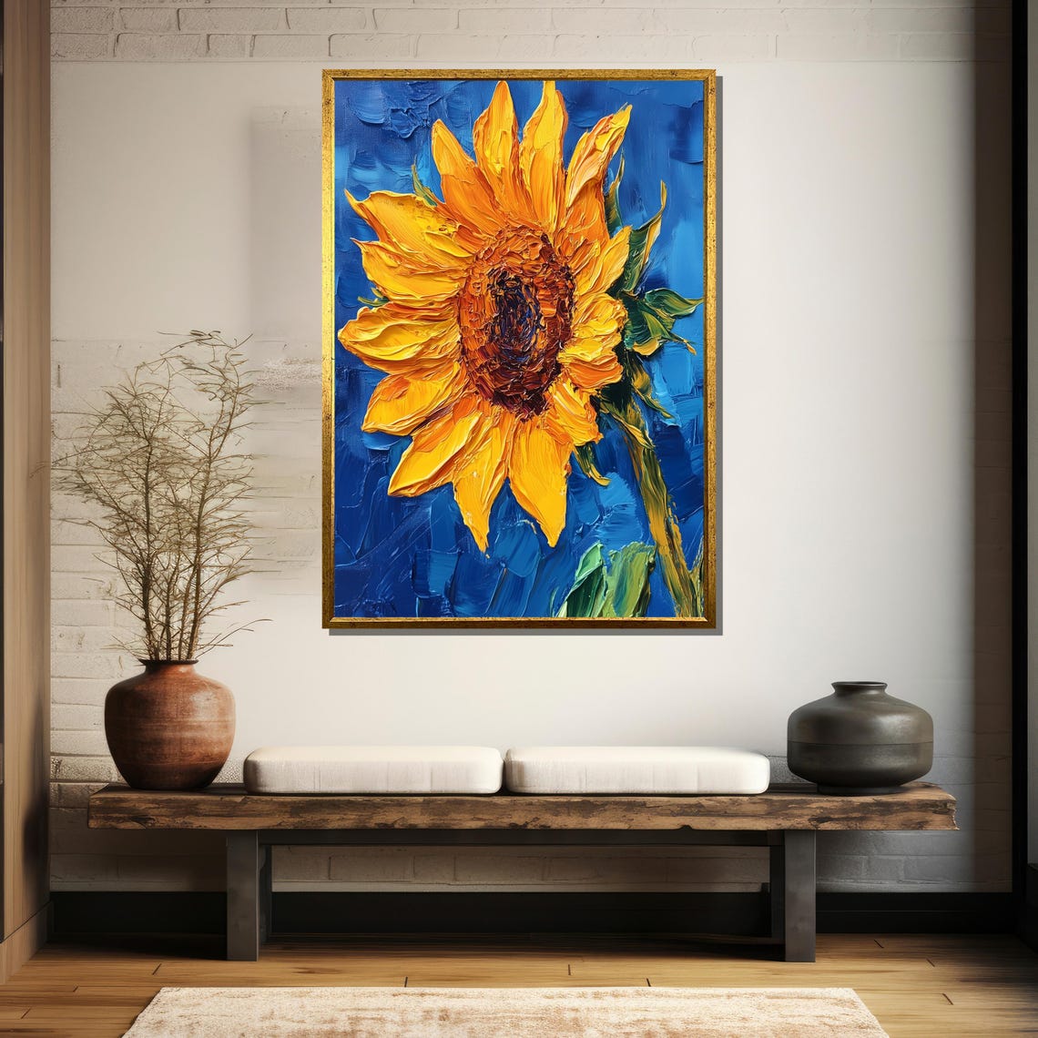 Single Sunflower Painted In Thick Impasto On Vivid Blue Poster - Image 5