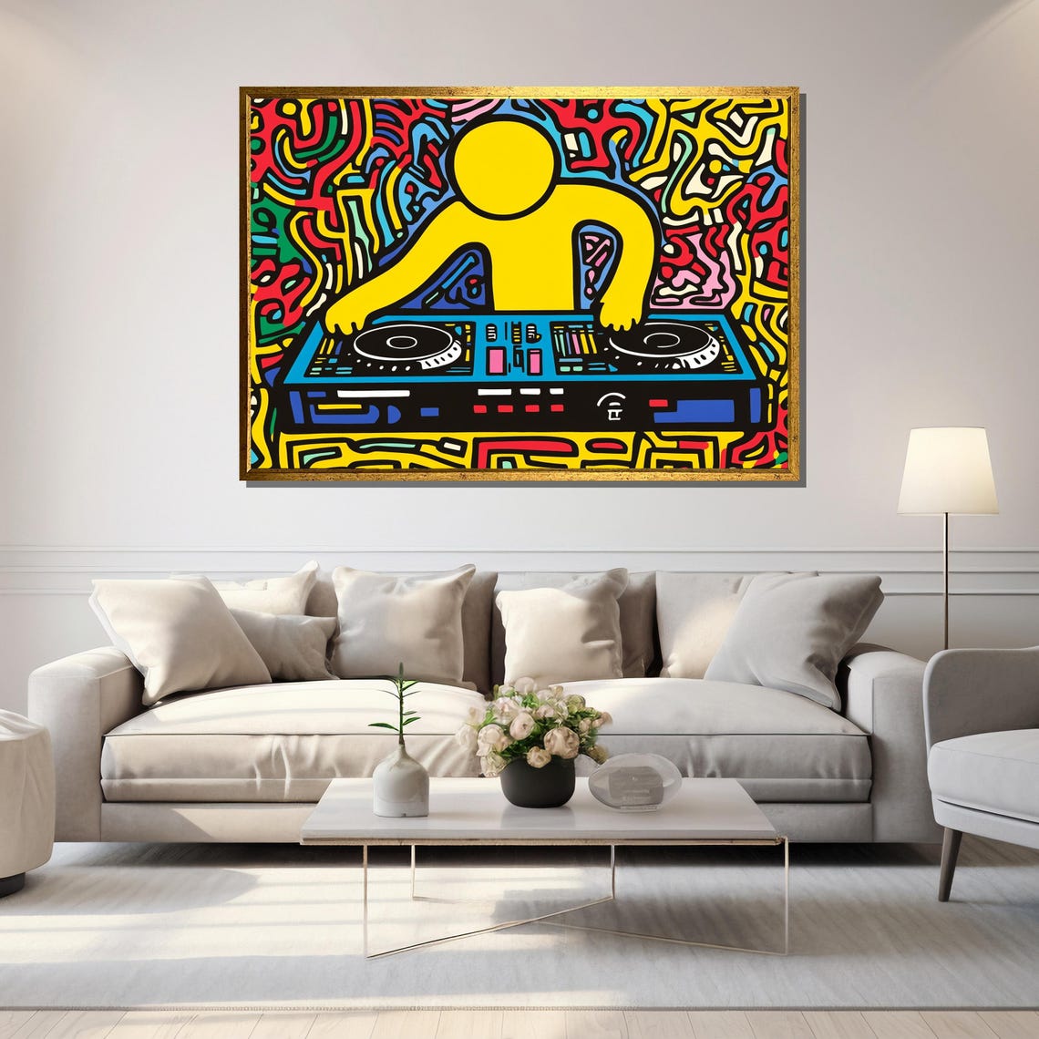 Keith Haring-Inspired Yellow DJ at Turntables Pop Art Music Poster - Image 5