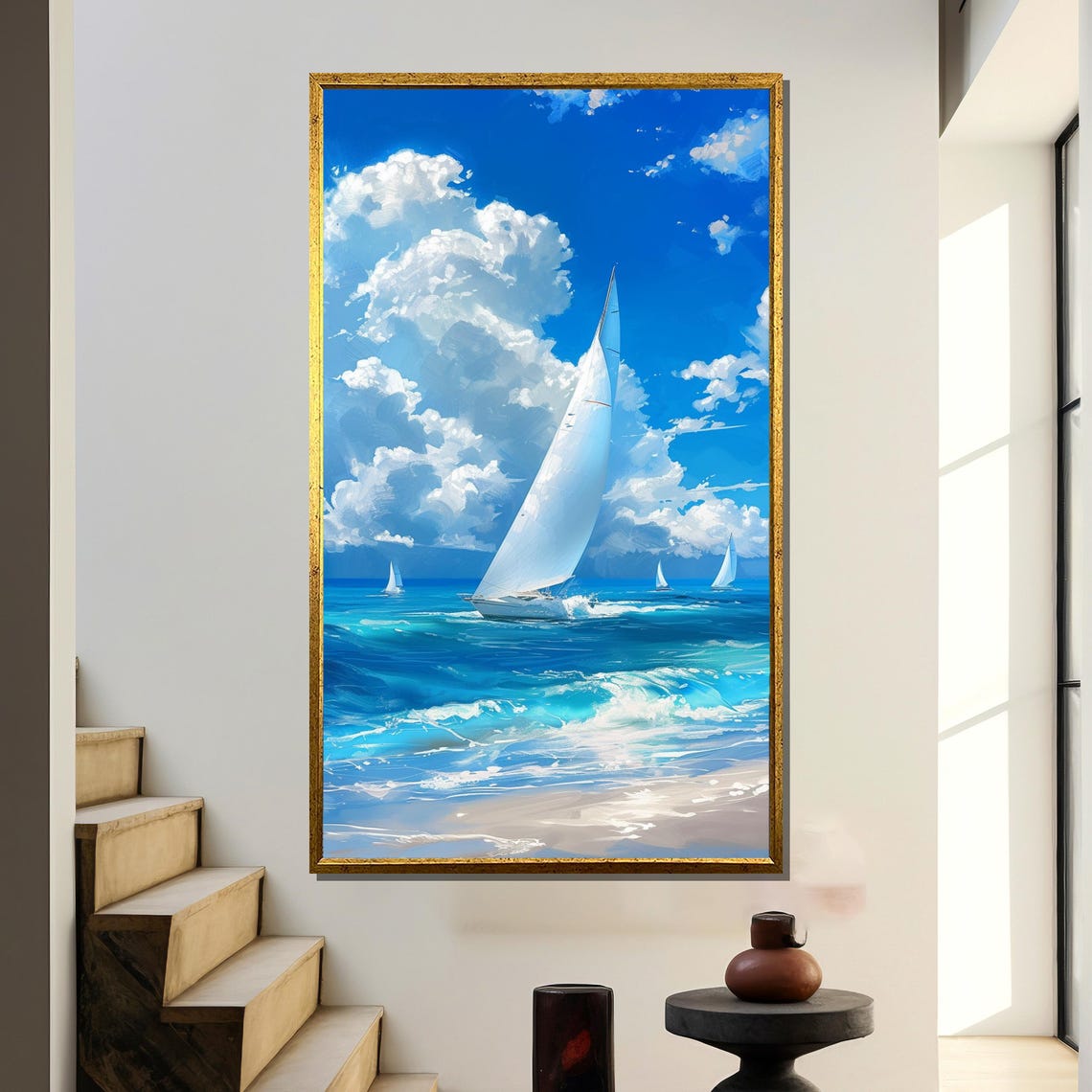 White Sailboats Gliding Across Vibrant Blue Ocean Waves Poster