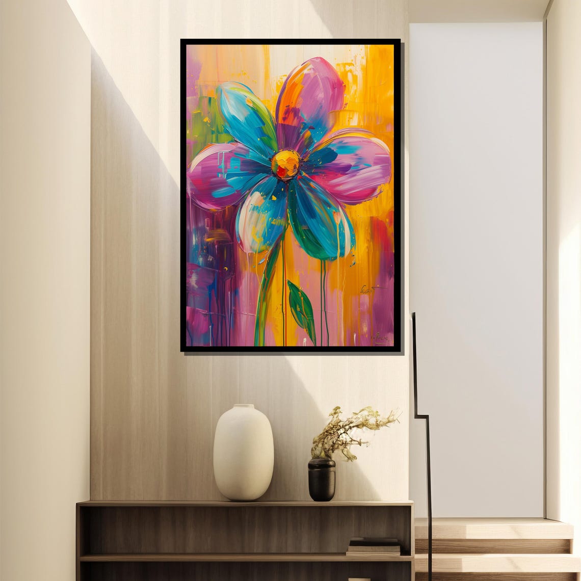 Abstract Rainbow Flower With Paint Drips On Sunny Yellow Poster - Image 4