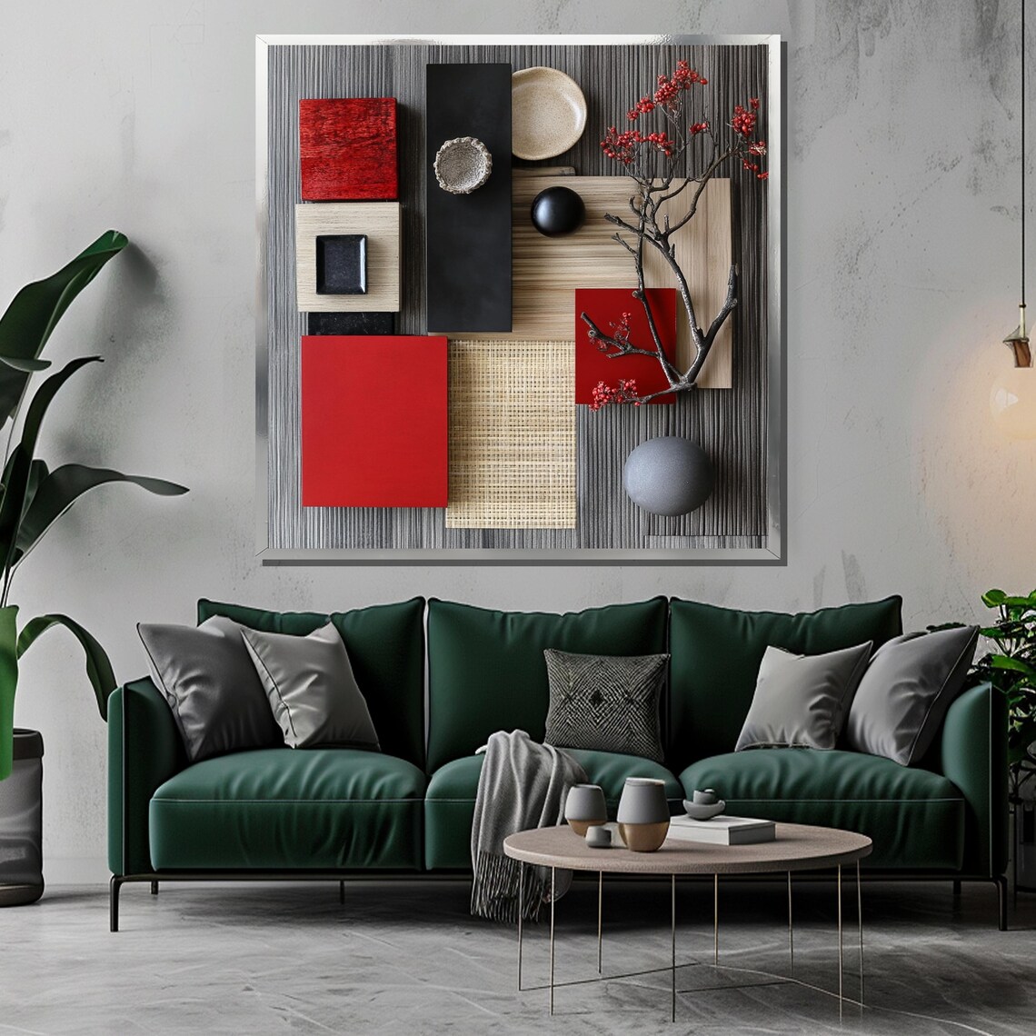 Japanese Minimalist Still Life with Red Blocks and Berry Branch Poster - Image 3