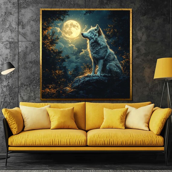 White Wolf Howling at Full Moon in Midnight Pine Forest Poster