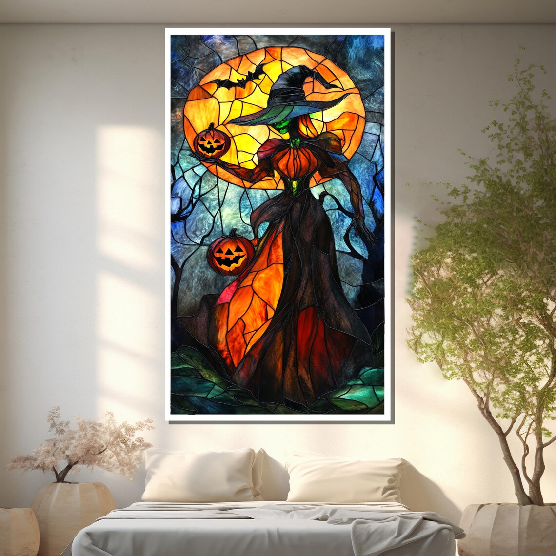 Stained Glass Halloween Witch With Pumpkin Moon Spooky Poster - Image 2