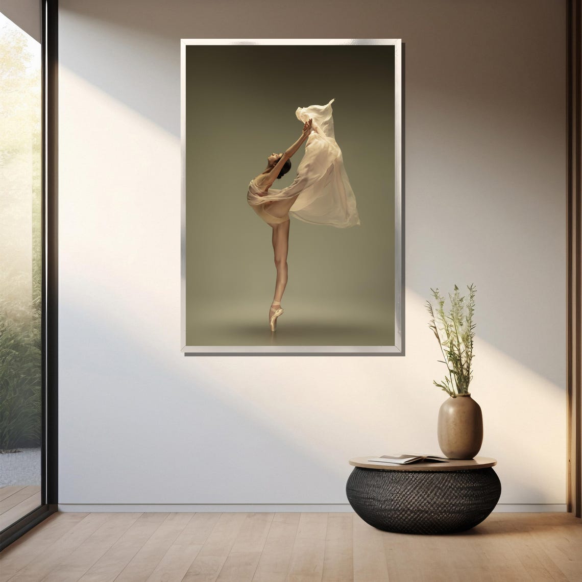Ballerina On Pointe In White Flowing Fabric Studio Shot Poster - Image 3