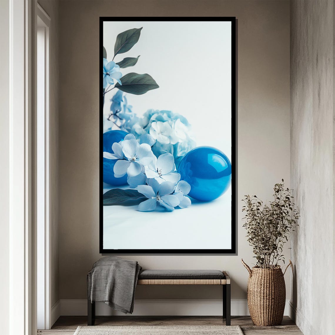 Blue Hydrangea Blossoms with Glass Spheres Minimal Floral Poster - Image 4