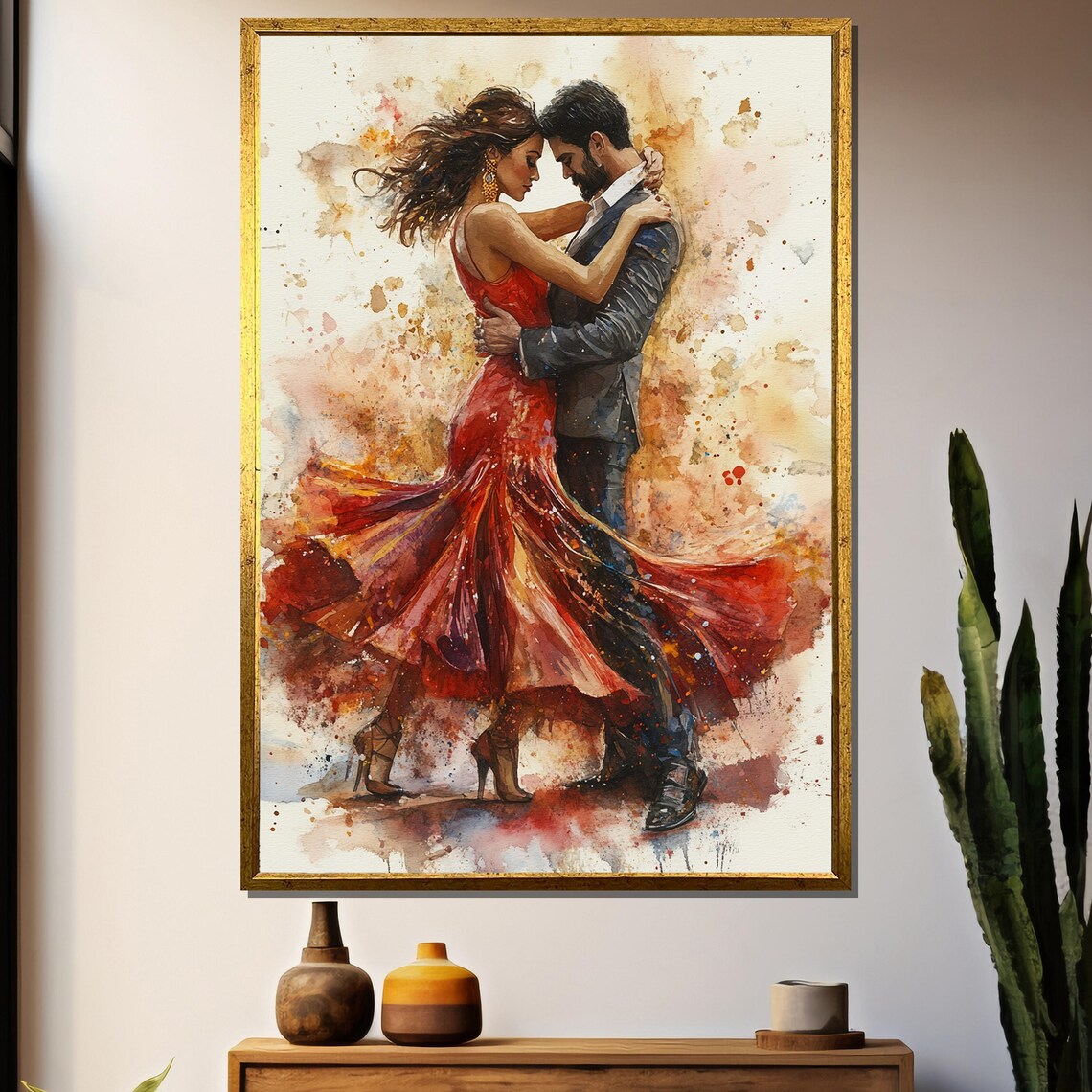 Romantic Tango Couple Dancing in Watercolor Splash Painting Poster