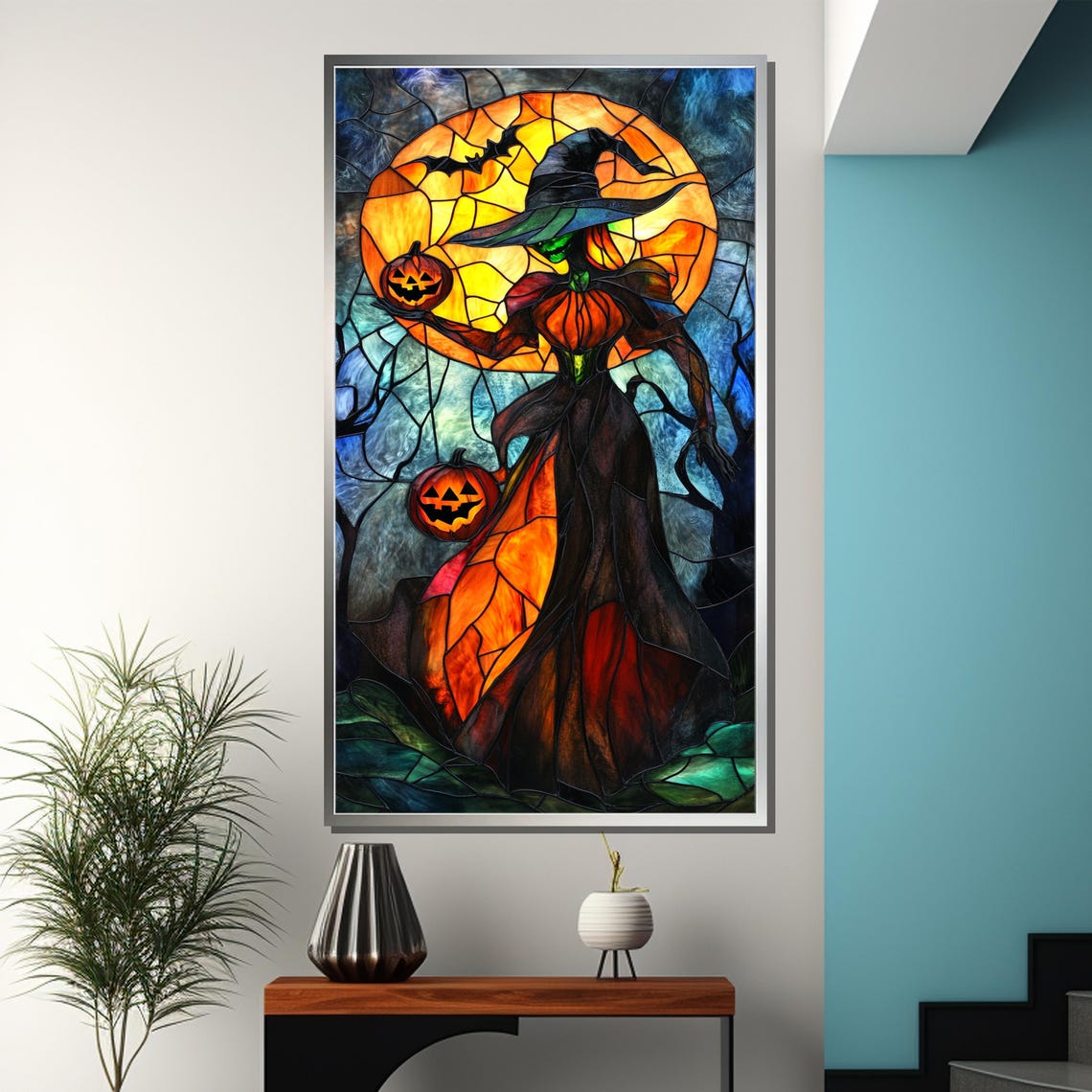 Stained Glass Halloween Witch With Pumpkin Moon Spooky Poster - Image 3