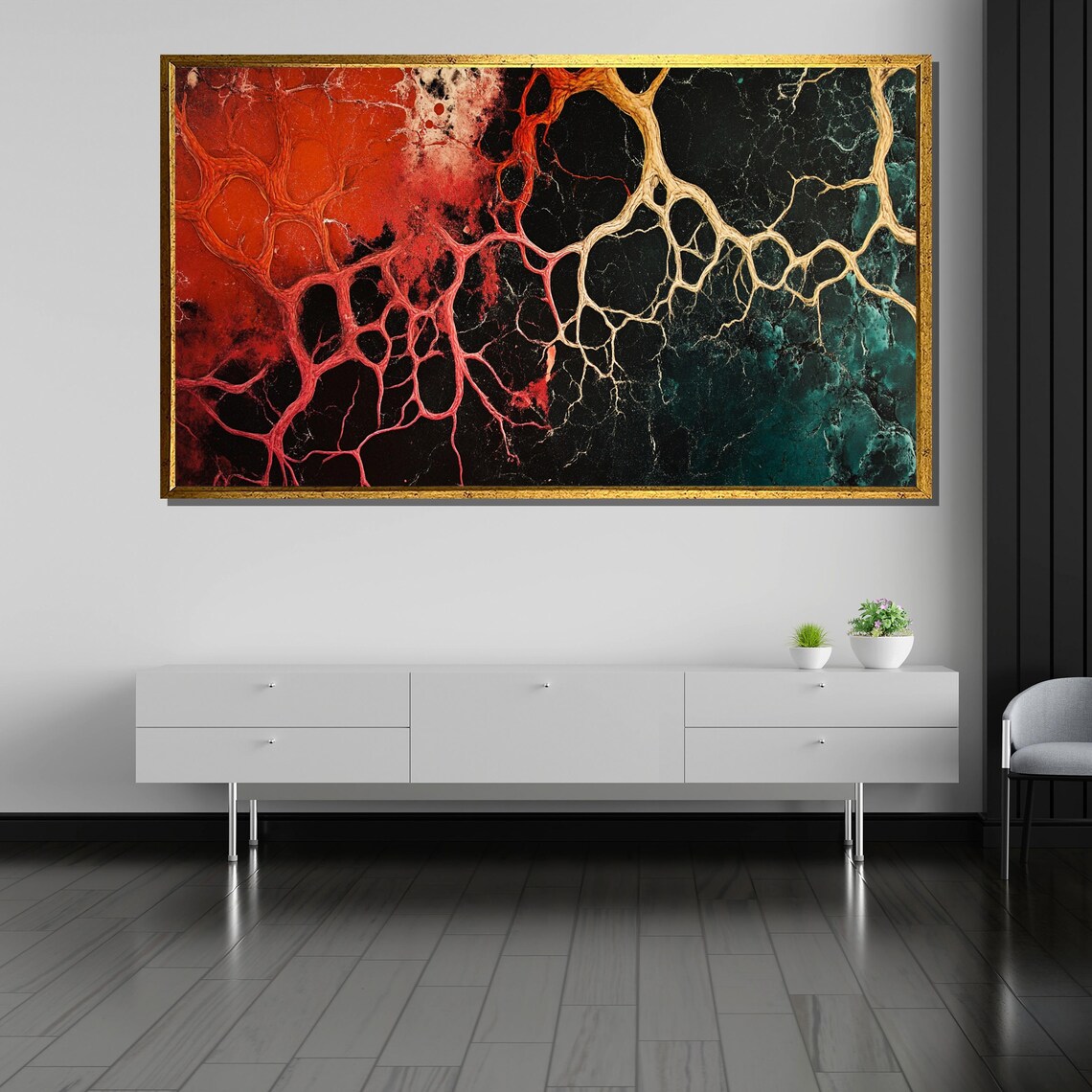 Red And Gold Branching Vein Network Organic Dark Abstract Art Poster - Image 5