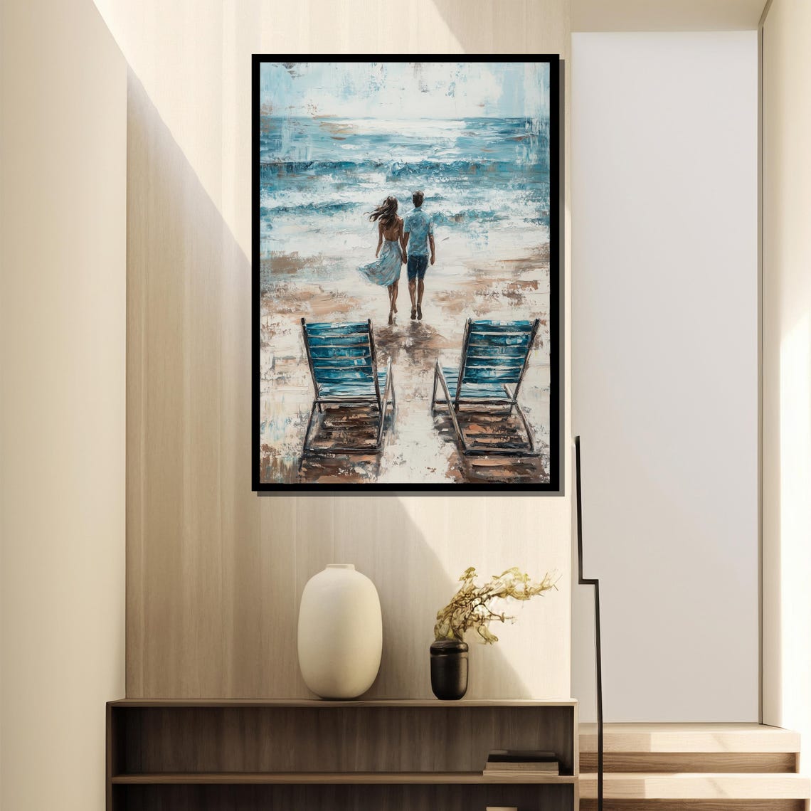 Romantic Couple Walking To The Shore With Beach Chairs Wall Art - Image 4