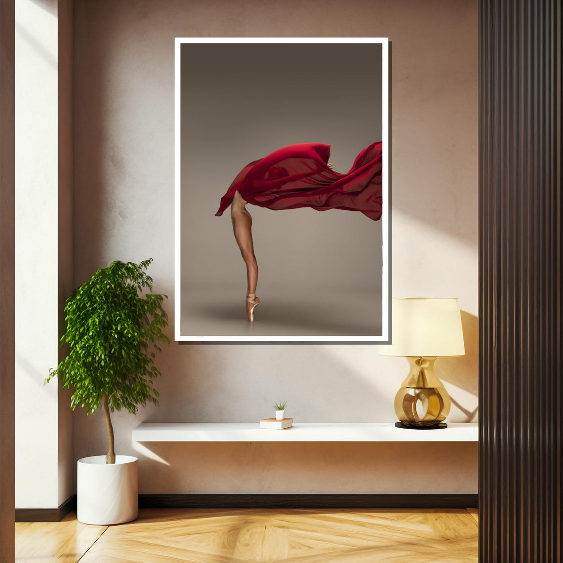 Graceful Ballerina Painting Modern Dance Art Gift With Flowing Red Fabric - Image 2