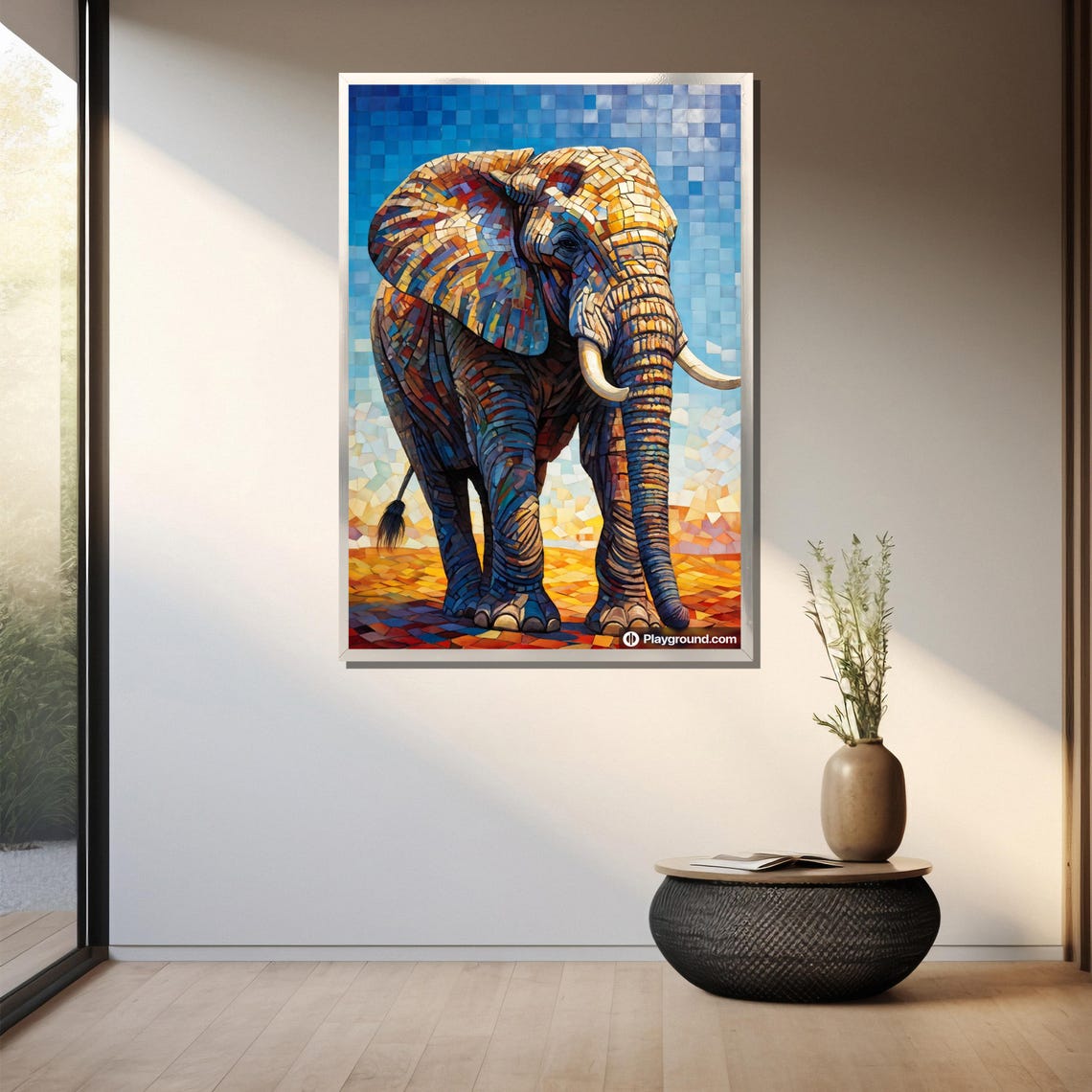 Mosaic Tile Elephant In Blue And Orange Stained Glass Style Art Poster - Image 3