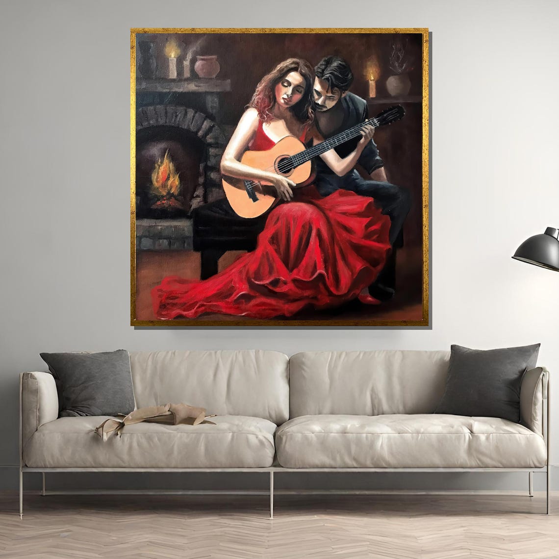 Intimate Fireplace Serenade Guitar Lovers in Red Gown Poster