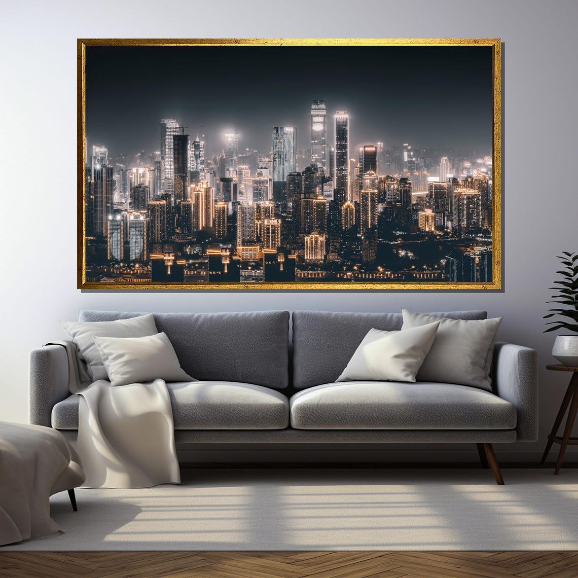 Modern City Skyline at Night with Illuminated Skyscrapers Poster