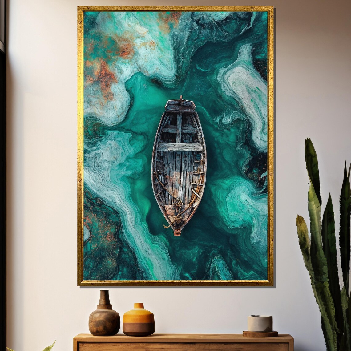 Weathered Wooden Boat On Swirling Emerald Waters Painting Art Poster
