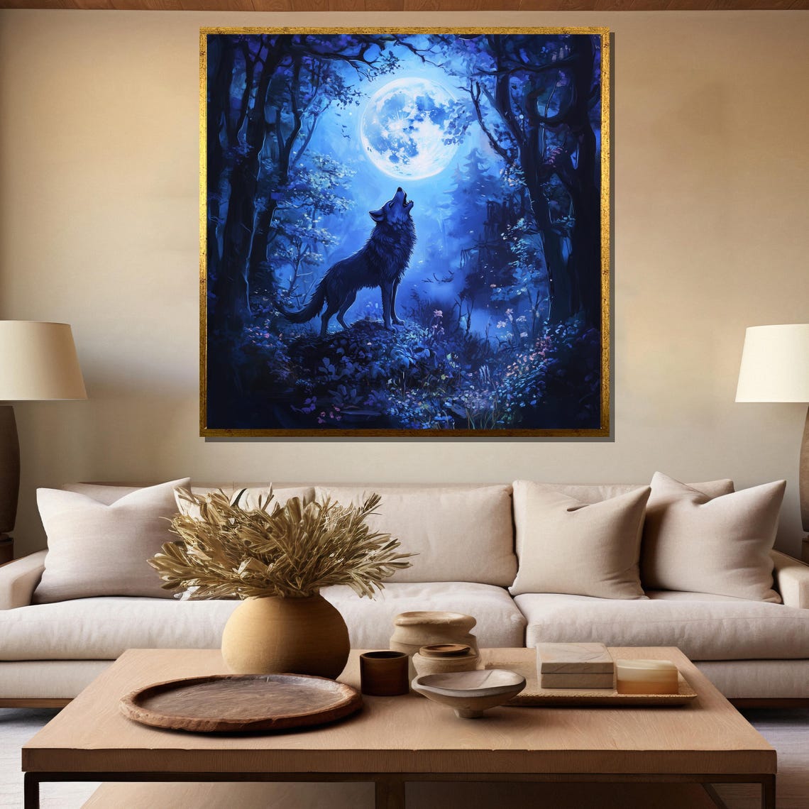 Howling Wolf Full Moon Over Blue Celestial Forest Night Poster - Image 5
