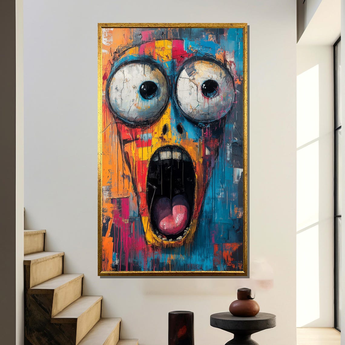 Screaming Face Graffiti with Huge Eyes in Orange Teal and Pink Poster