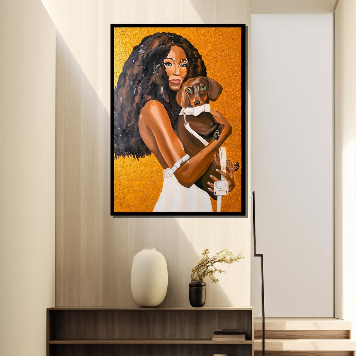 Modern Woman Hugging Dachshund On Textured Gold Portrait Poster - Image 4