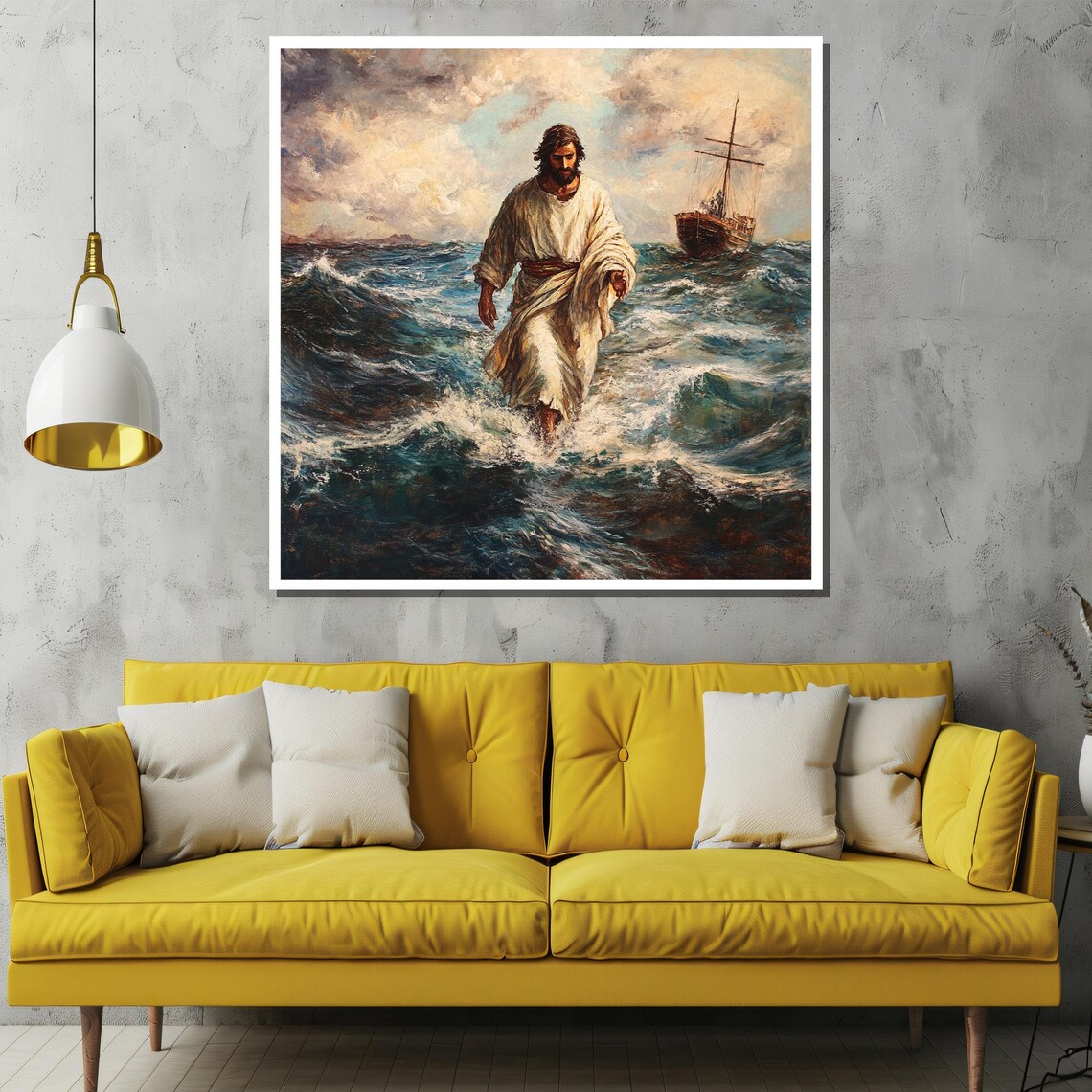 Jesus Walking on the Stormy Sea Beside a Small Wooden Boat Poster - Image 2