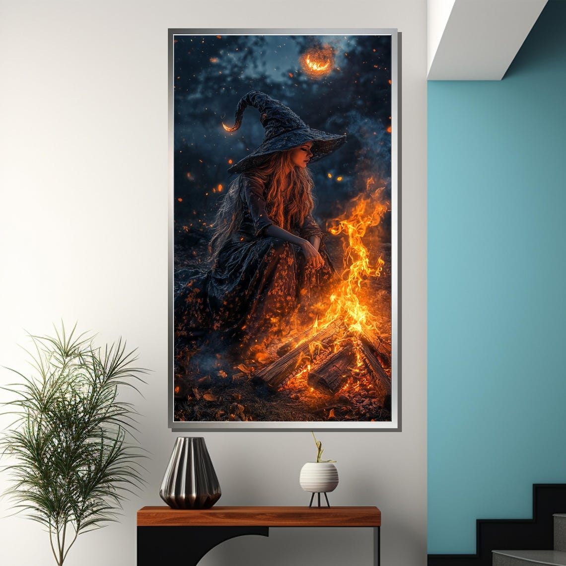 Fire Witch Beside Campfire Night Flames Mystical Fantasy Poster - Image 3