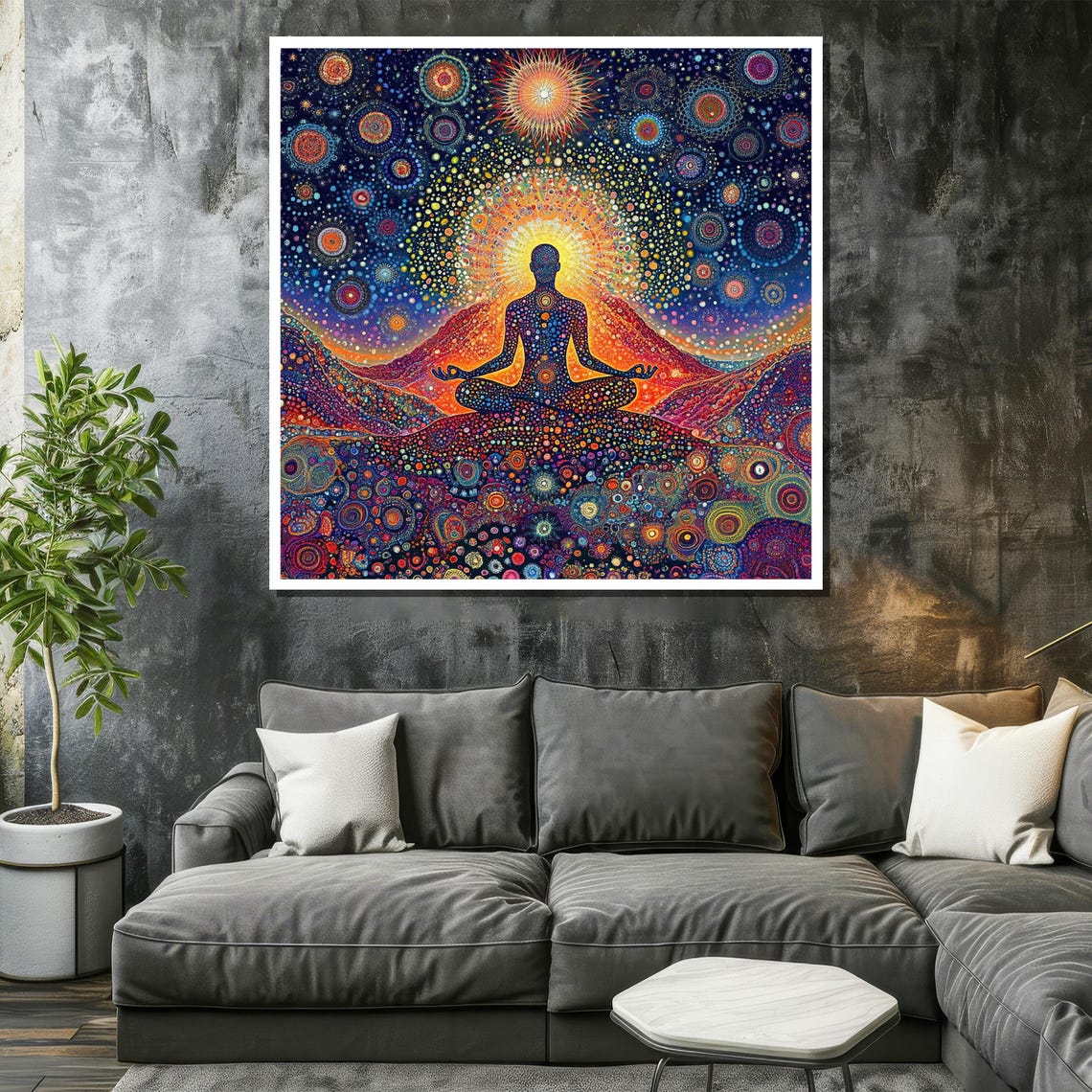 Meditating Silhouette Psychedelic Cosmic Dot Painting Poster - Image 2