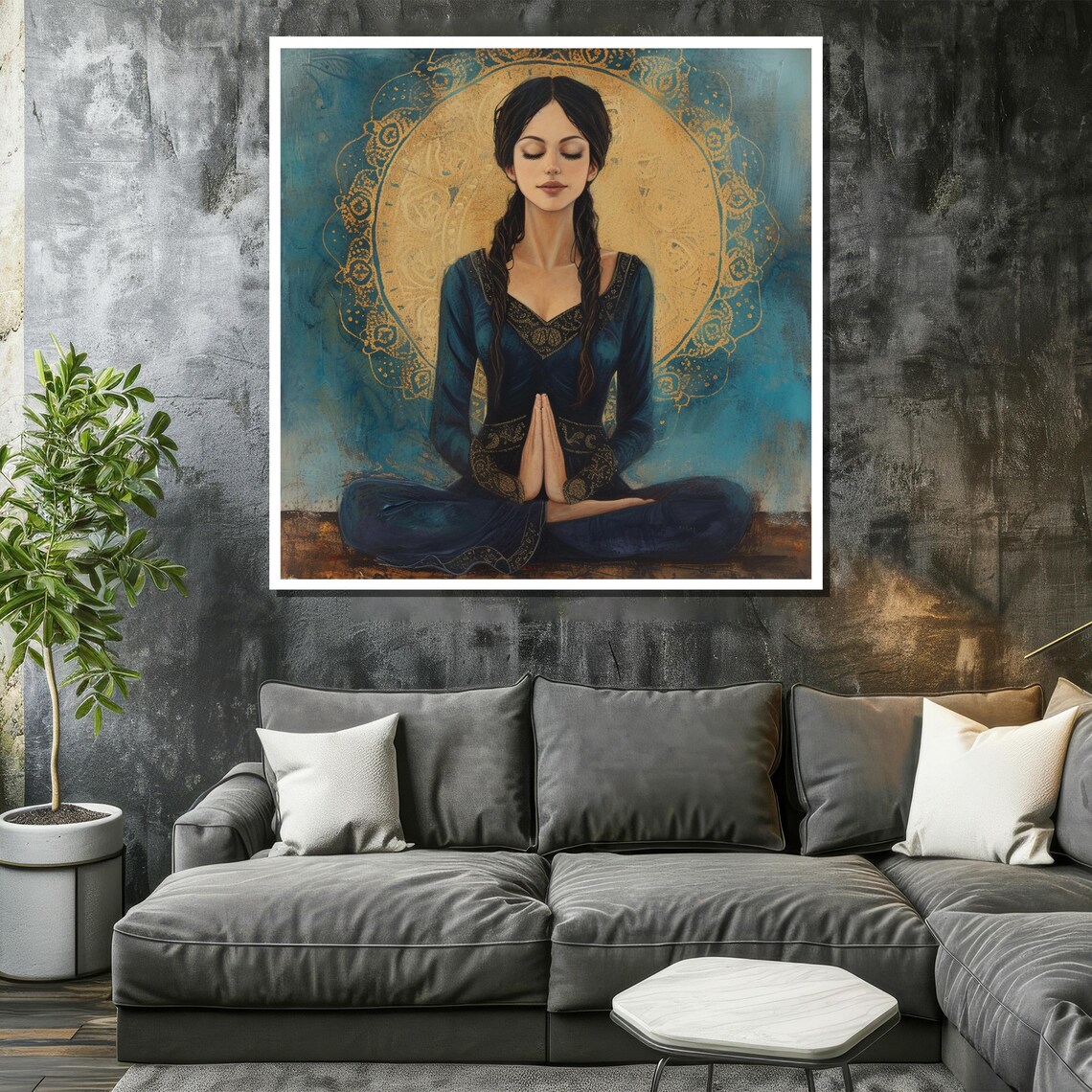 Serene Meditating Woman With Golden Mandala Halo Spiritual Poster - Image 2