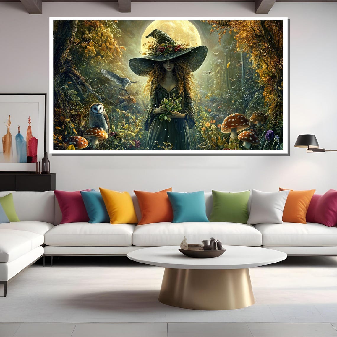 Woodland Witch Gathering Herbs with Owls Under Full Moon Poster - Image 2