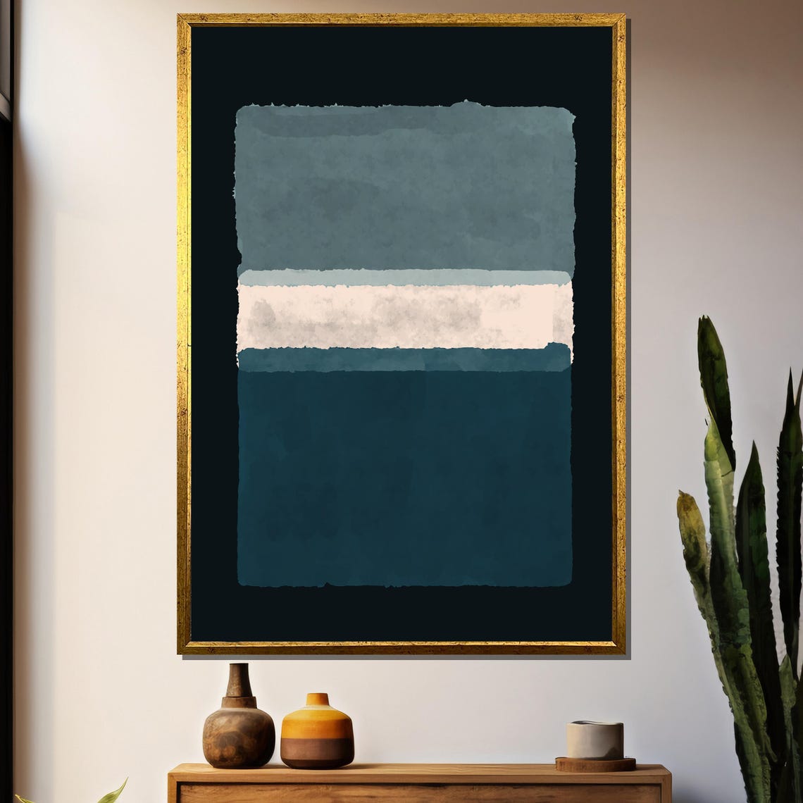 Calming Teal And Gray Watercolor Blocks On Black Abstract Poster