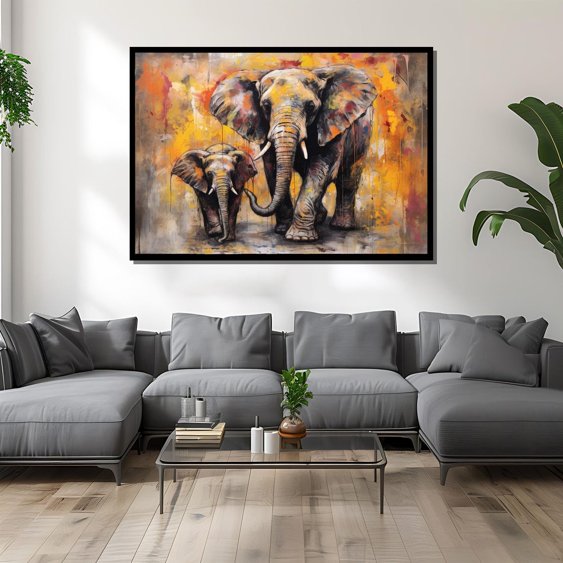 Two Elephants Mother And Baby Walking In Warm Orange Splash Art Poster - Image 4
