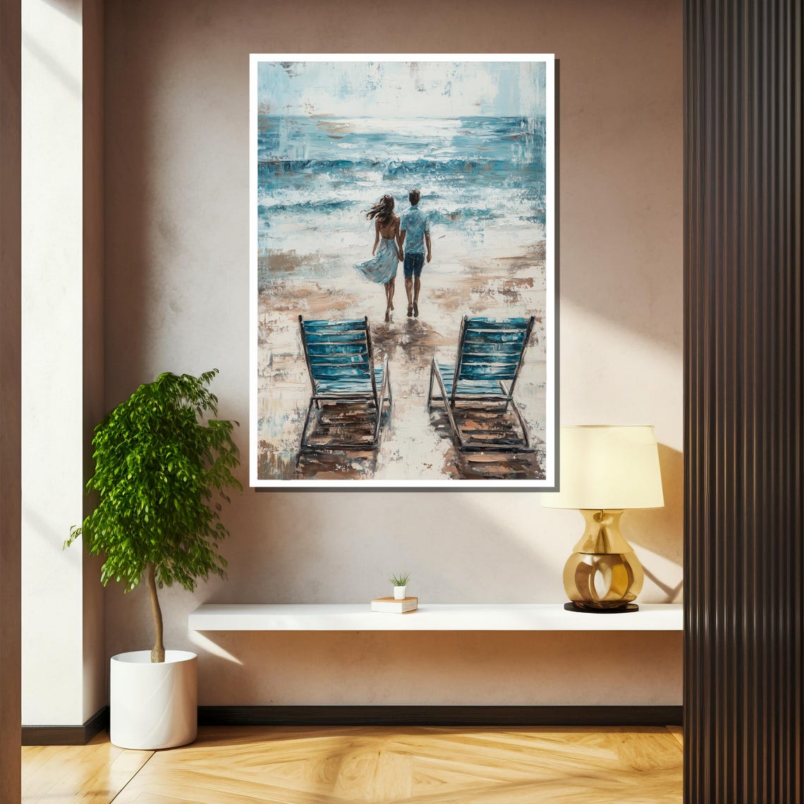 Romantic Couple Walking To The Shore With Beach Chairs Wall Art - Image 2