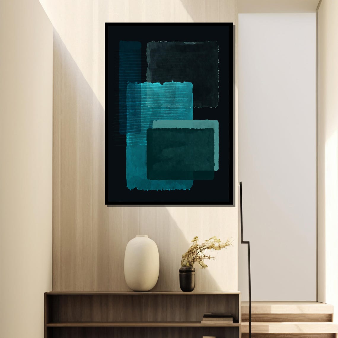 Layered Teal Watercolor Blocks On Black Modern Geometric Poster - Image 4