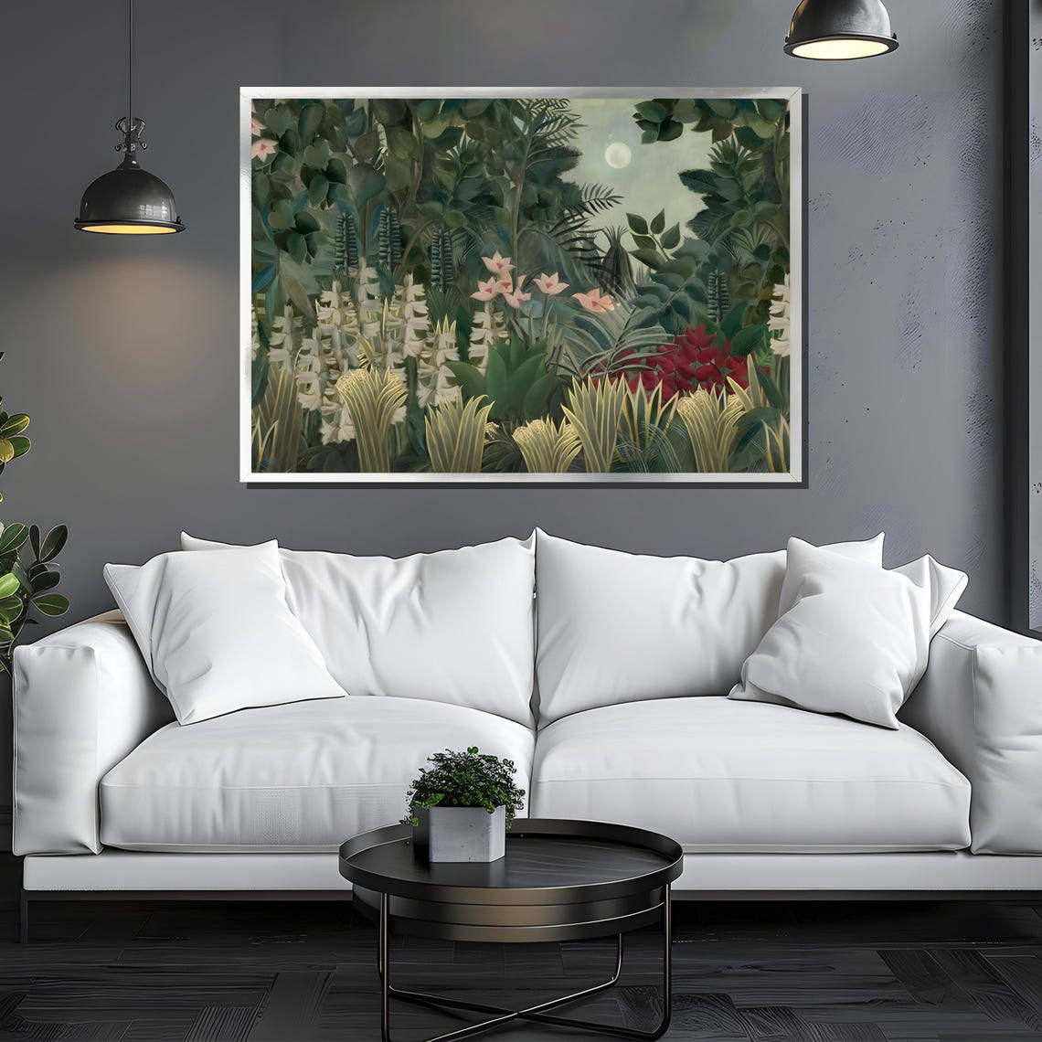 Moonlit Jungle With Exotic Flowers Naive Style Tropical Poster - Image 3