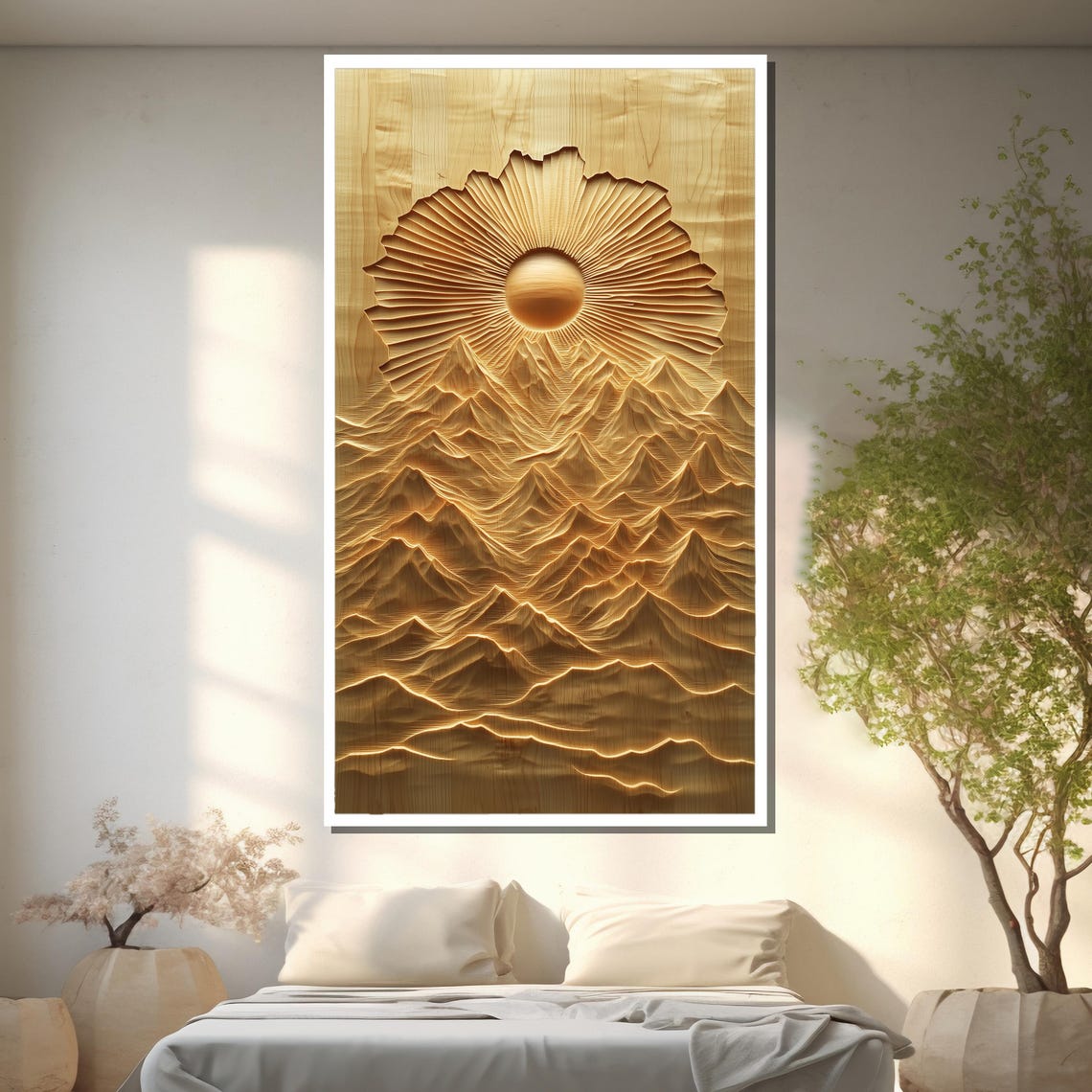 Golden Sunrise Carved Wood Intricate Mountain Bas Relief Art Gift For Elegant Home Decor - Image 2