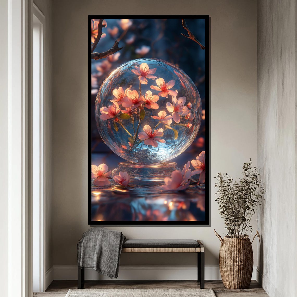 Cherry Blossom Branch Inside Glass Orb Over Rippling Water Poster - Image 4