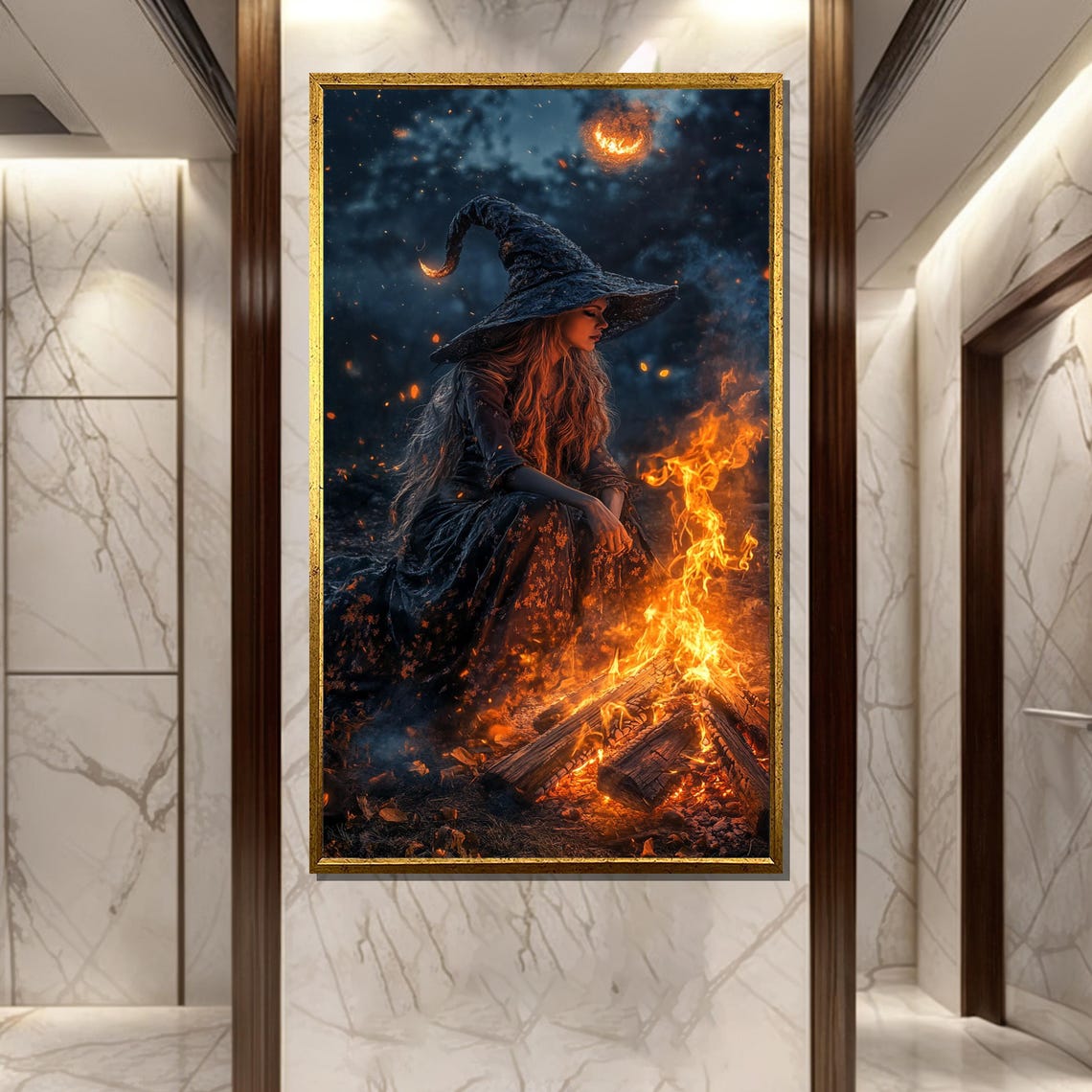 Fire Witch Beside Campfire Night Flames Mystical Fantasy Poster