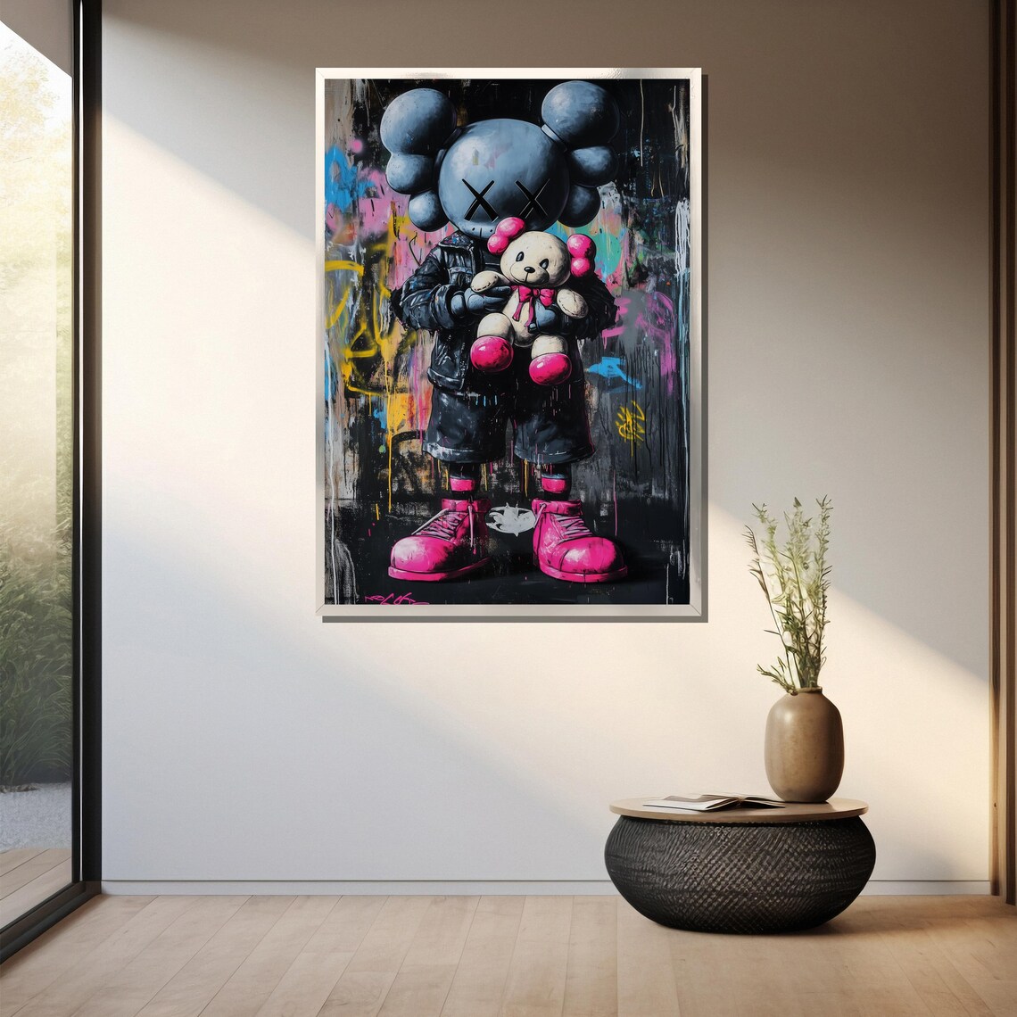 KAWS-Inspired X-Eyed Toy Figure Holding Teddy Bear Street Poster - Image 3
