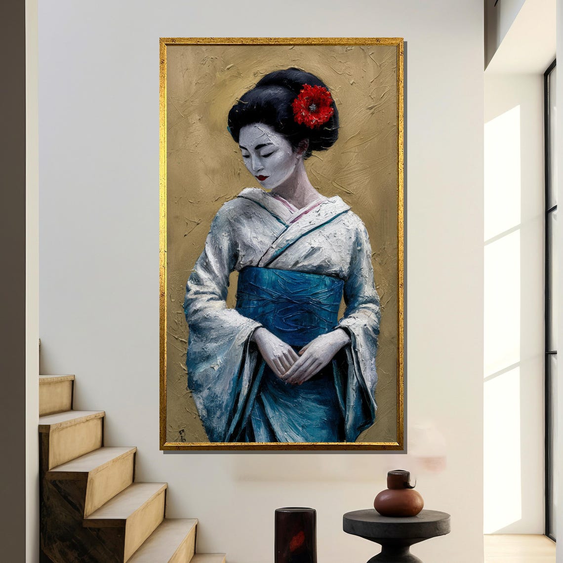 Graceful Geisha with Red Flower on Textured Gold Leaf Poster
