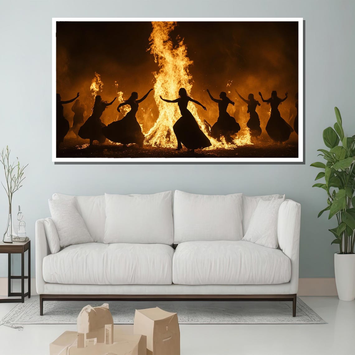 Fiery Bonfire Dancers Silhouette Night Celebration Wall Poster - Image 2
