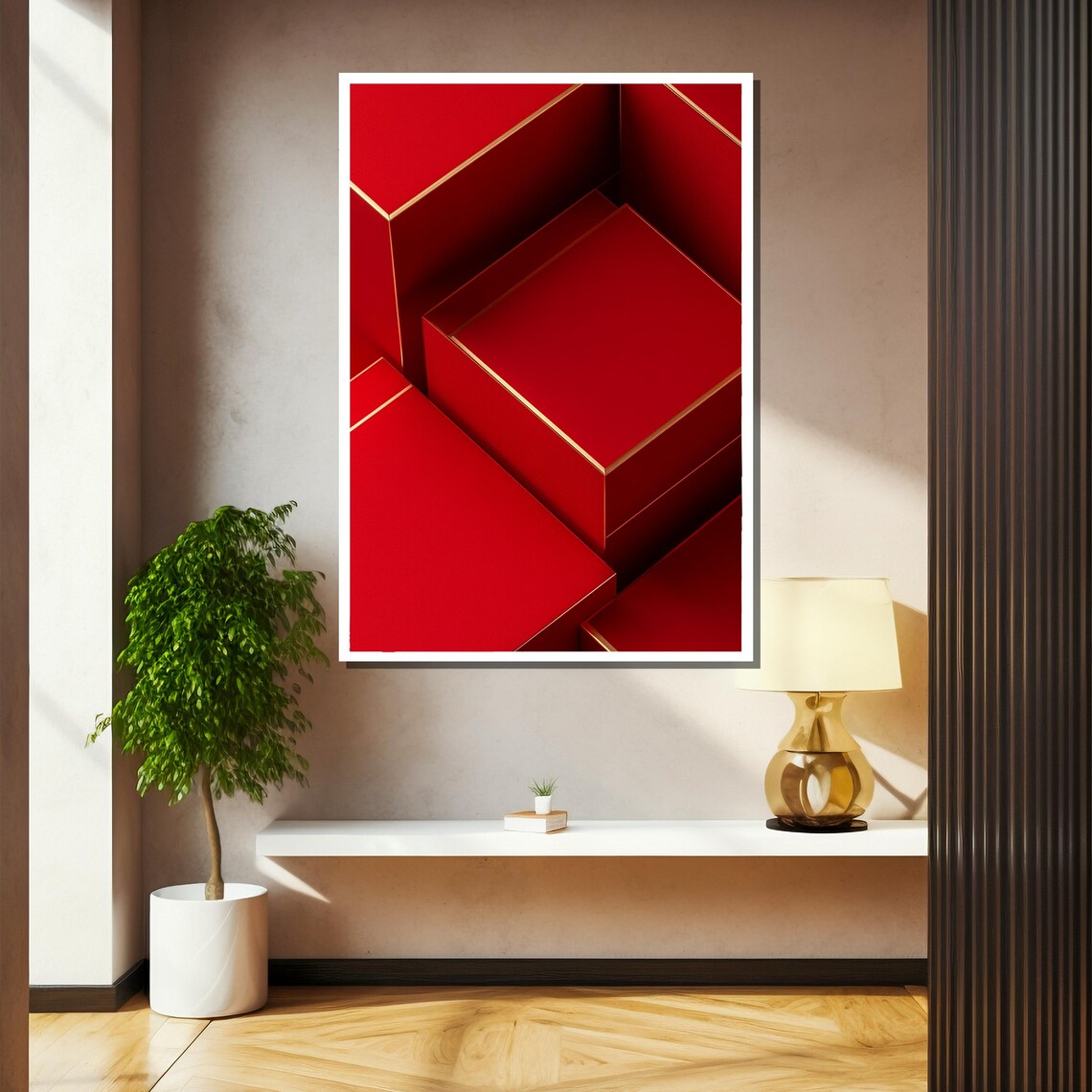 Luxury Red And Gold Wall Art Elegant Geometric Design Modern Minimalist Bold Abstract Decor Gift For Art Lovers - Image 2