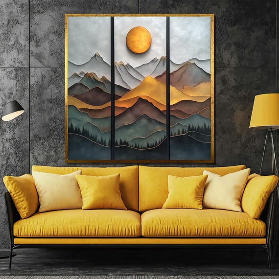 Golden Sunset Triptych Painting Modern Layered Mountain Art Gift For Sophisticated Home Decor