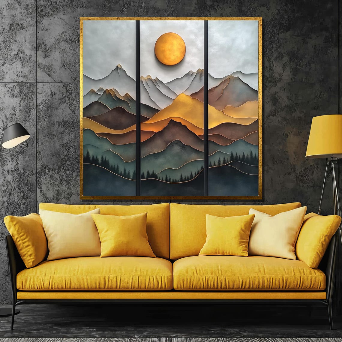 Golden Sunset Triptych Painting Modern Layered Mountain Art Gift For Sophisticated Home Decor