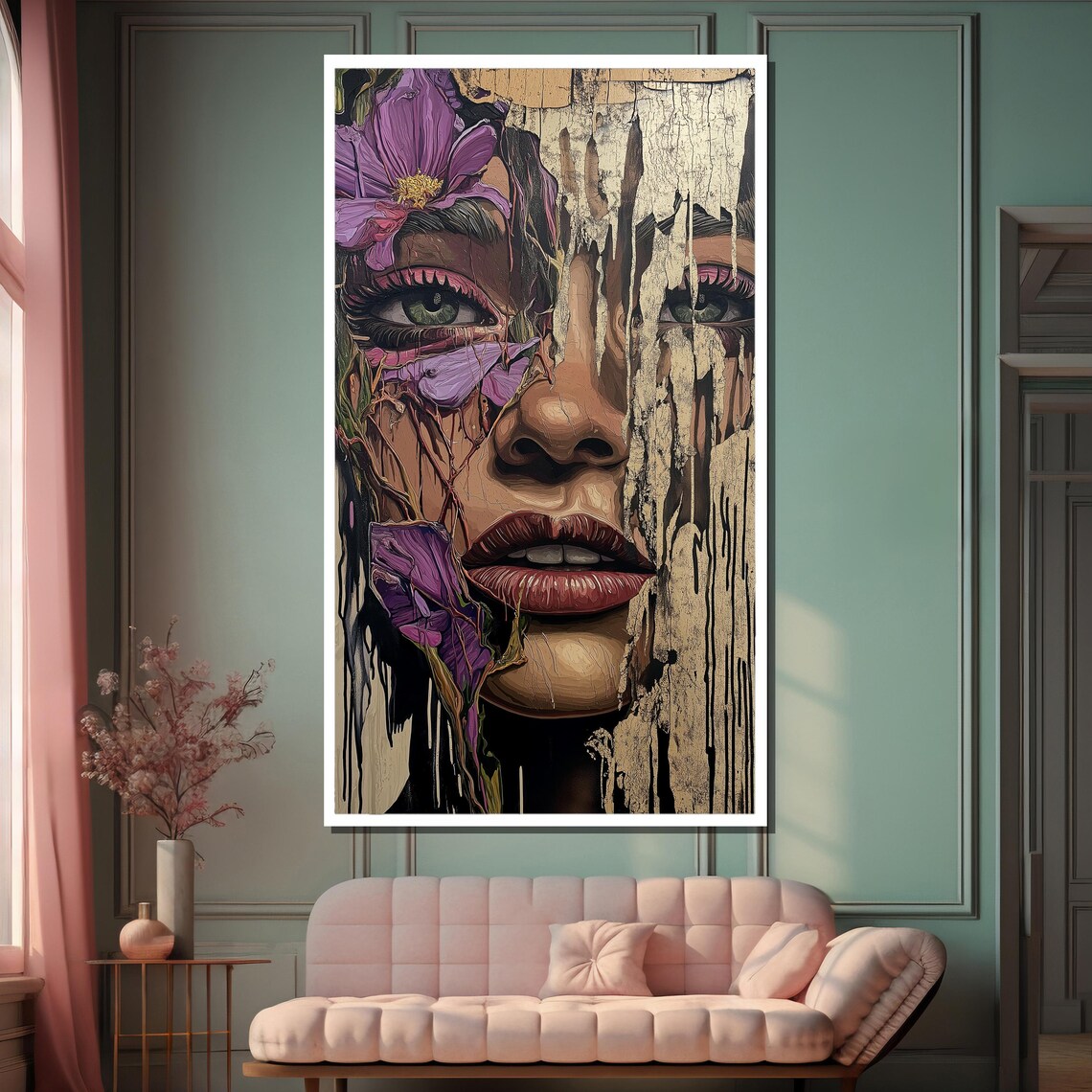 Surreal Floral Portrait Peeling Paint Texture Feminine Poster - Image 2